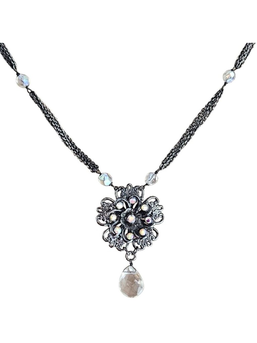 Vintage Floral Filigree Pendant Necklace Teardrop AB Rhinestone Antiqued Silver